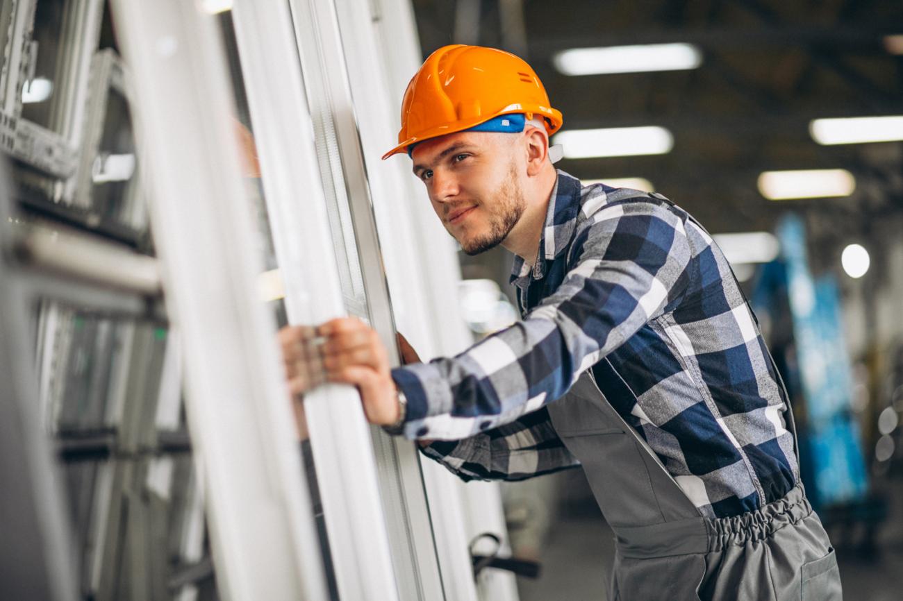 Man in a hard hat testing a factory testing a window