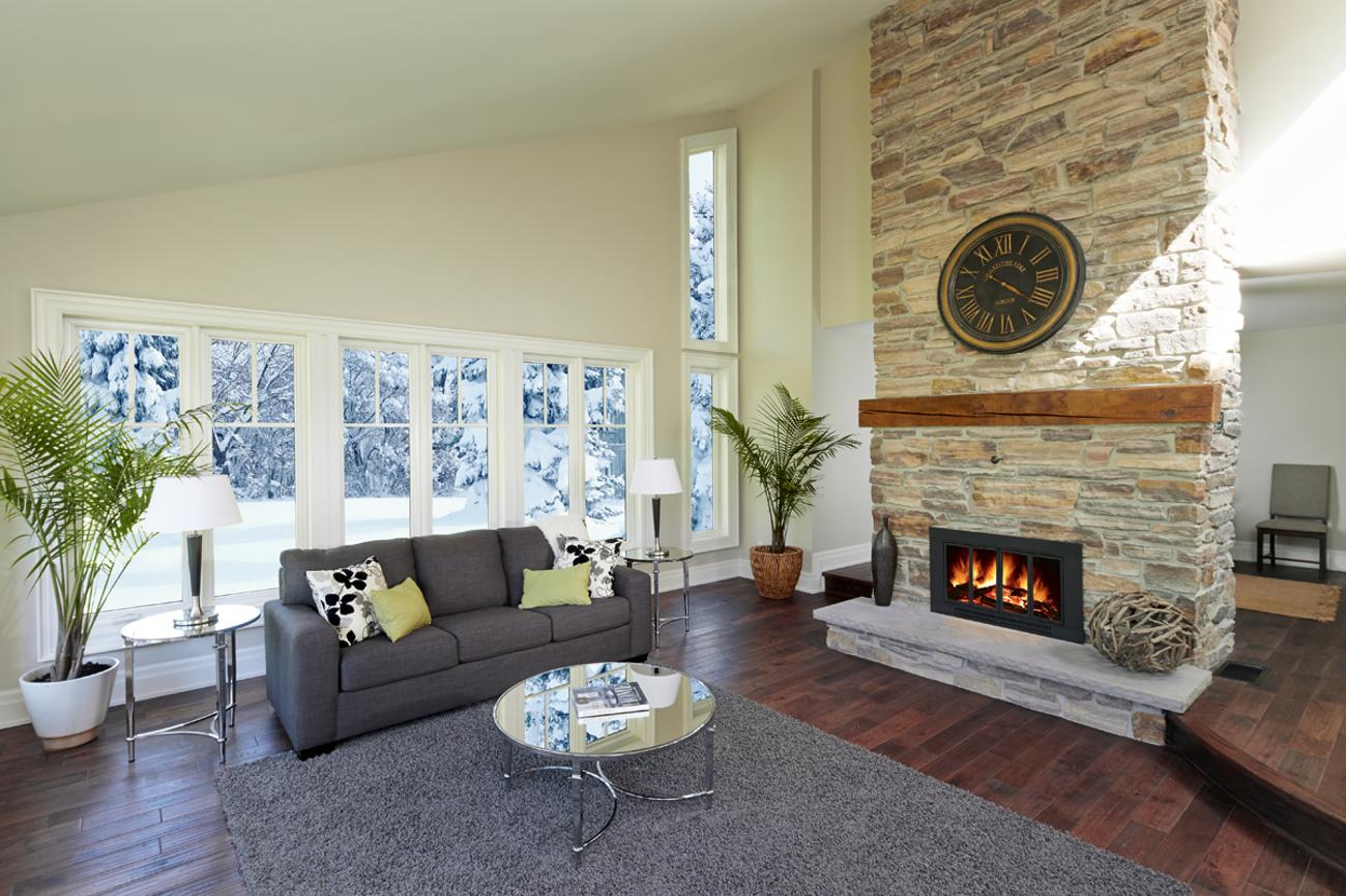 Interior of a home in winter with snow outside the windows