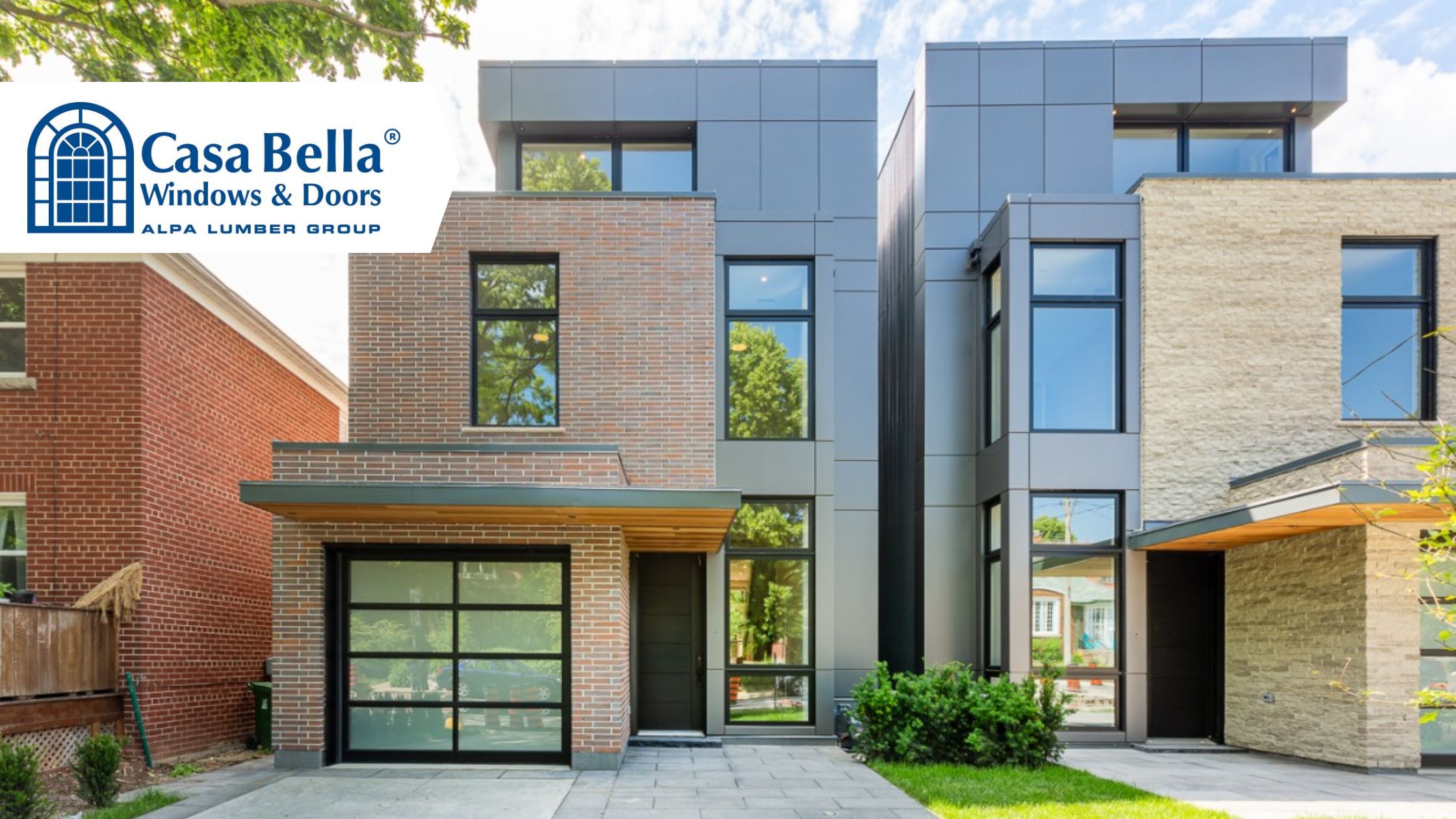 Contemporary brick and stone home featuring sleek black-framed Casa Bella windows and doors for a modern, energy-efficient exterior.